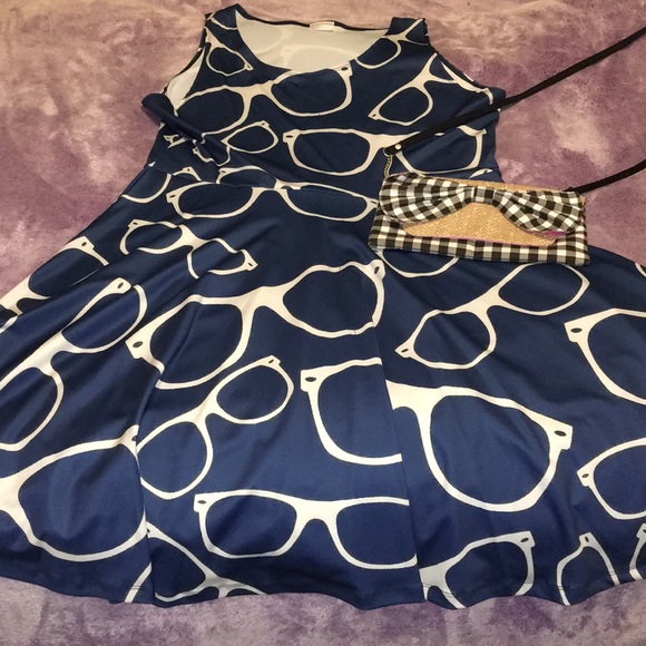 Hot Topic Dresses & Skirts - Navy/white hot topic glasses skater dress & gift